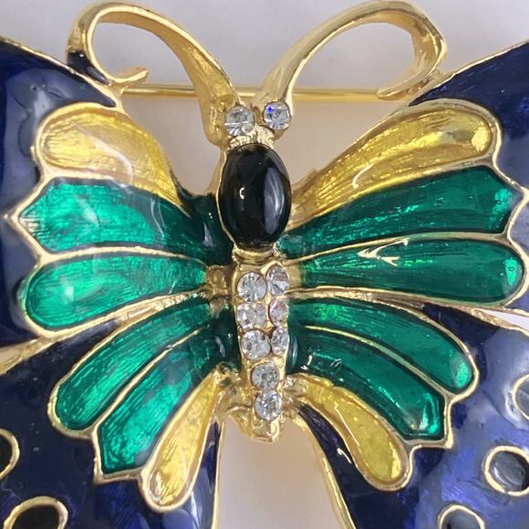 VTG 1980s Gold Tone Enamel Butterfly Brooch Blue Green Glass Rhinestone Pin - Picture 6 of 8